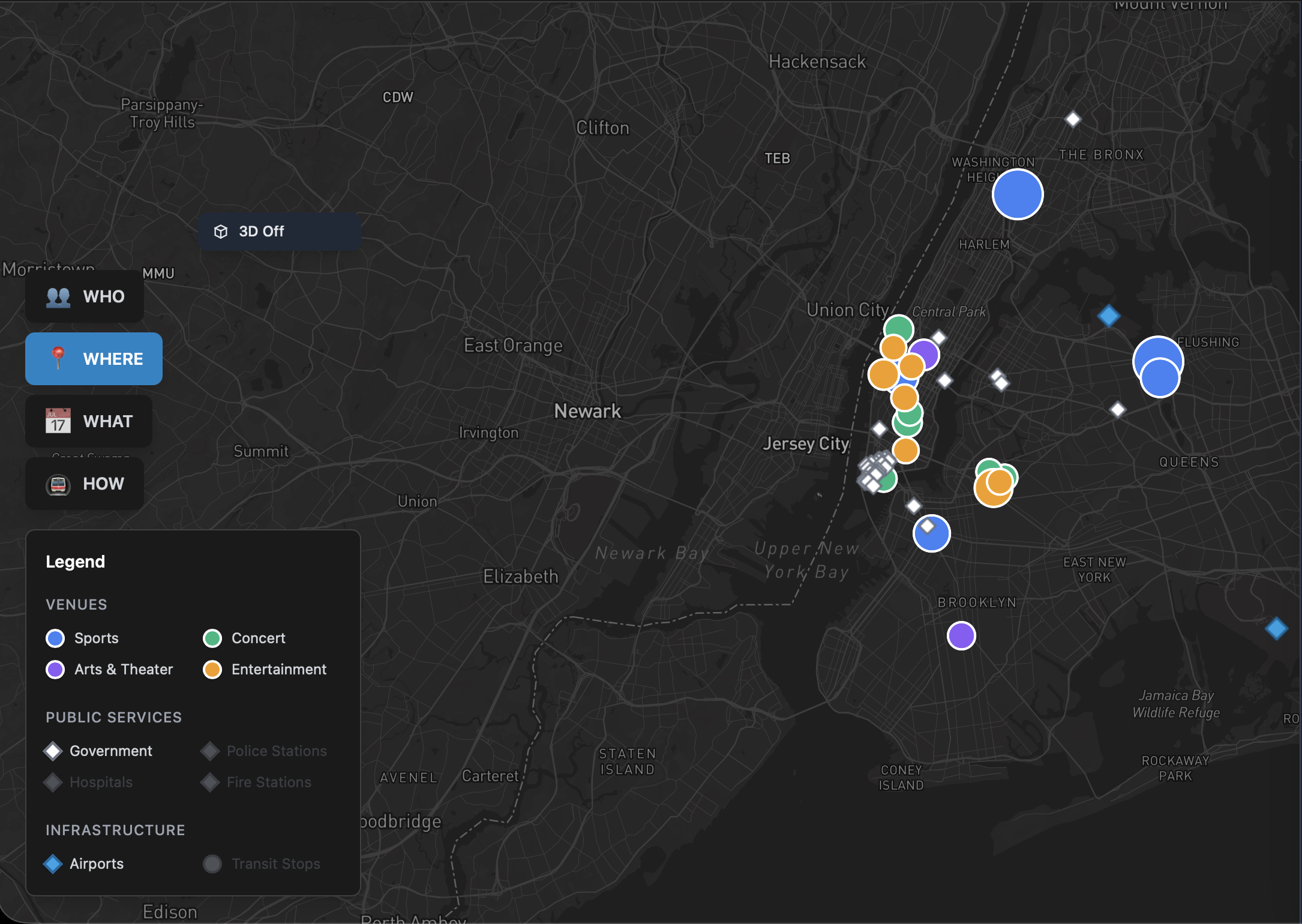 Priveo WHERE layer showing venues and public services on a map