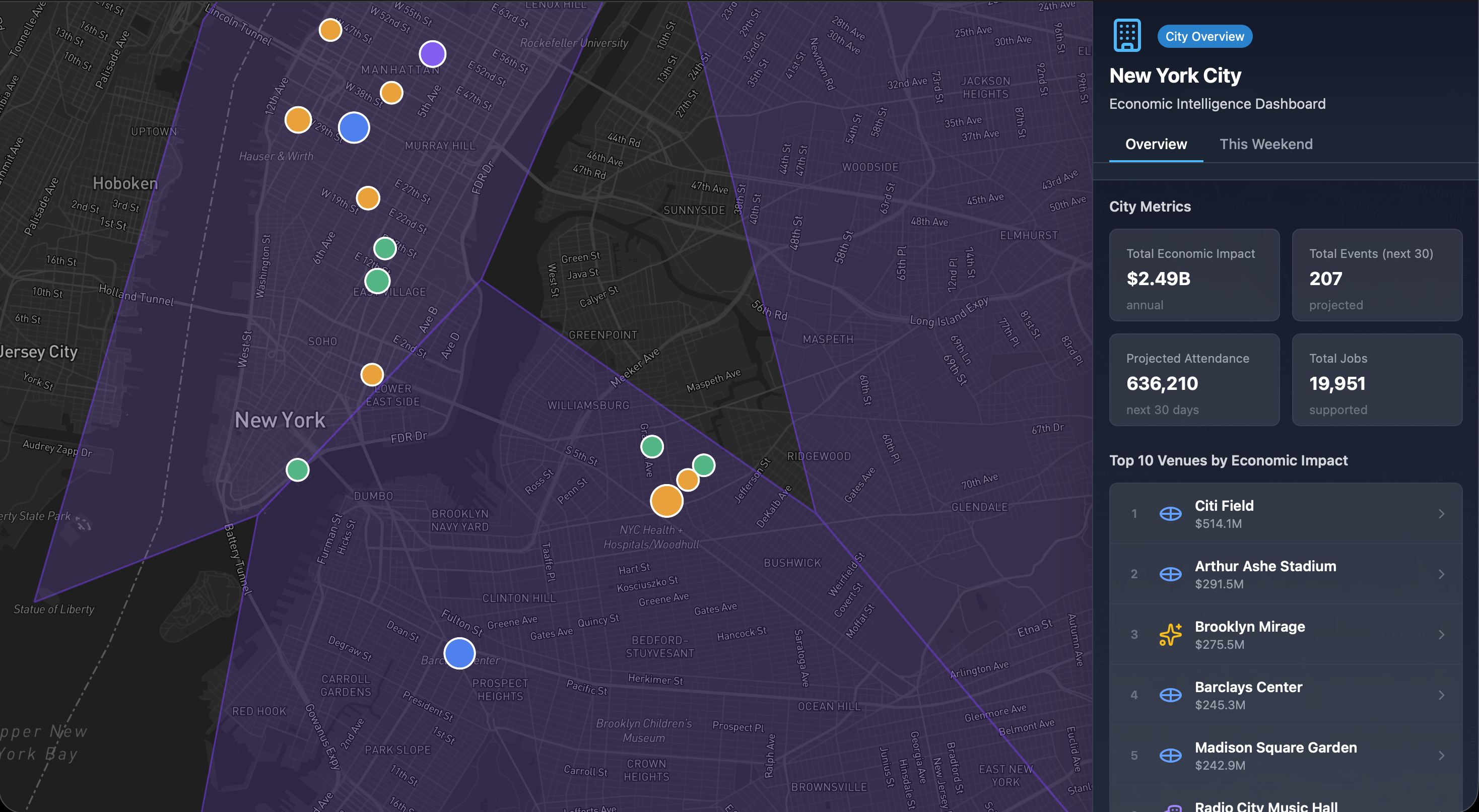 Priveo city view showing venue markers and district boundaries across New York City